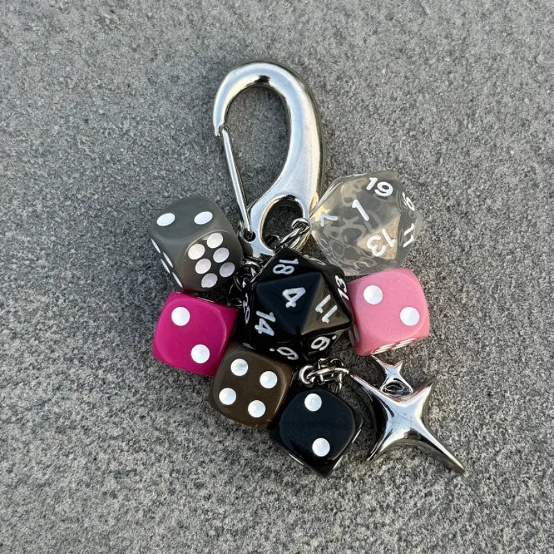 Hip-Hop Black Dice Keychain – Y2K Pink Lucky Dice & Starburst Pendant Bag Charm Punk Accessory