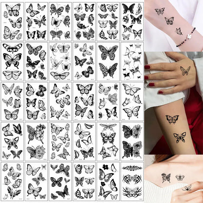 30pcs Black Temporary Tattoo Stickers - Flower Butterfly Rose Moon Star Mandala Designs for Hand, Chest & Body Art