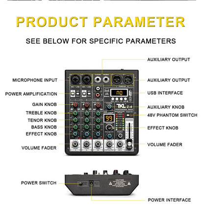 TKL 4 Channel DSP Audio Mixer – 99 Effects, 48V Phantom Power, USB, Bluetooth DJ Console for Karaoke and Studio Sound