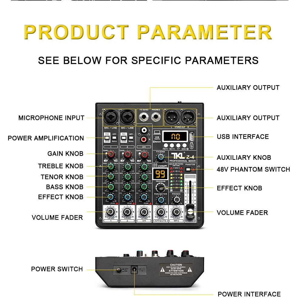 TKL 4-Channel DSP Audio Mixer with 48V Phantom Power, USB, Bluetooth DJ Console for Karaoke Studio Mixing