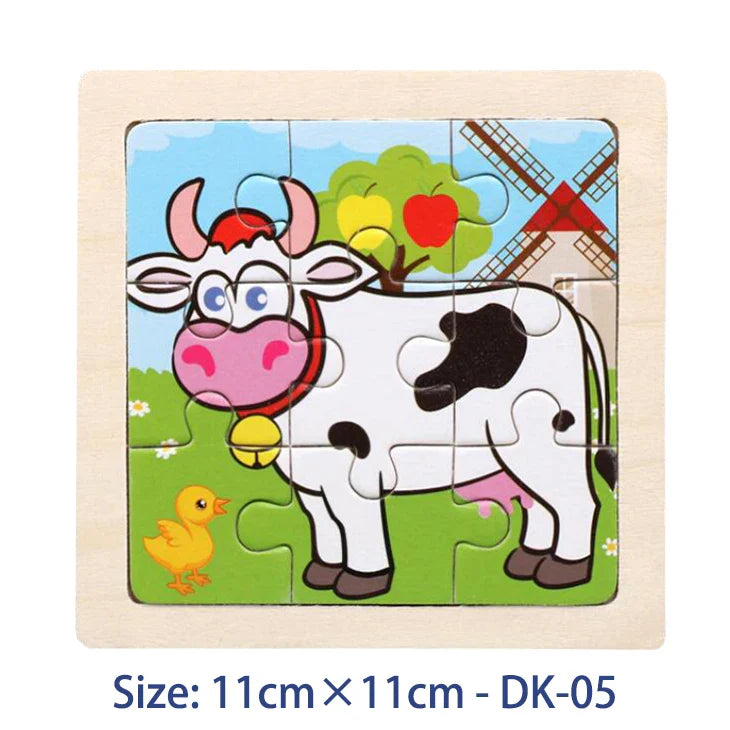 11cm Kids Wooden Jigsaw Puzzle – Cartoon Animal & Vehicle Montessori Educational Toys