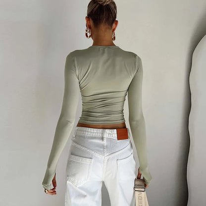 Women’s Long Sleeve Slim Fit Crop Top T-Shirt – Crew Neck Solid Color Thumb Hole Streetwear Summer Camisole Top