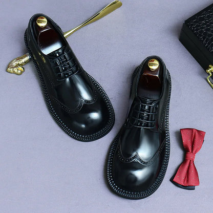 Men's Retro Genuine Leather Brogue Shoes - Handmade Round Toe Flat Dress Shoes for Weddings & Formal Occasions