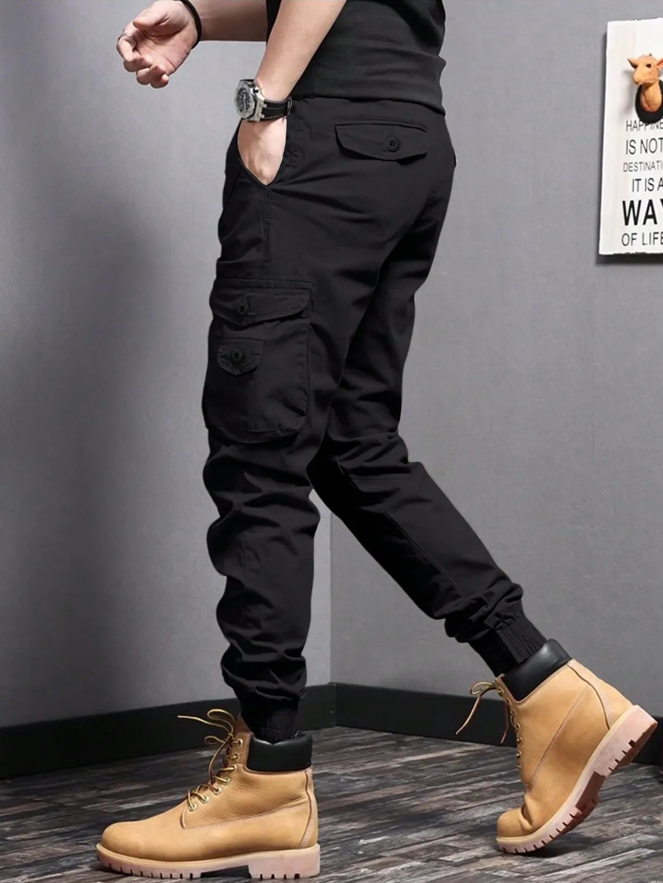 Men's Casual Cargo Pants — Side Flap Pocket Tapered Workwear for Spring & Fall Outdoor Activities