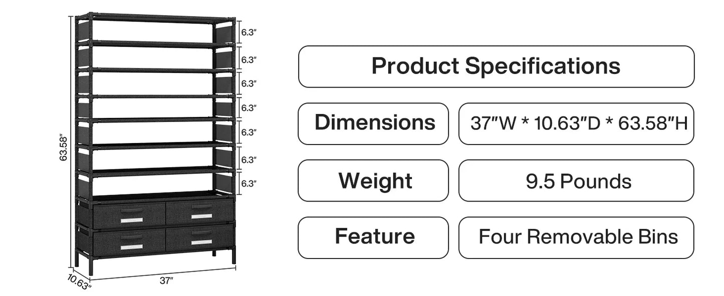 Tribesigns 10-Tier Shoe Rack Organizer – Vertical Shoe Shelf with 4 Drawer Bins, Holds 32 Pairs for Closet & Entryway
