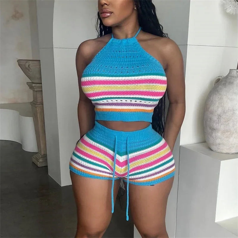 Women’s Rainbow Striped Knit 2-Piece Set – Halter Lace-Up Backless Top & Slim Fit Shorts Casual Outfit