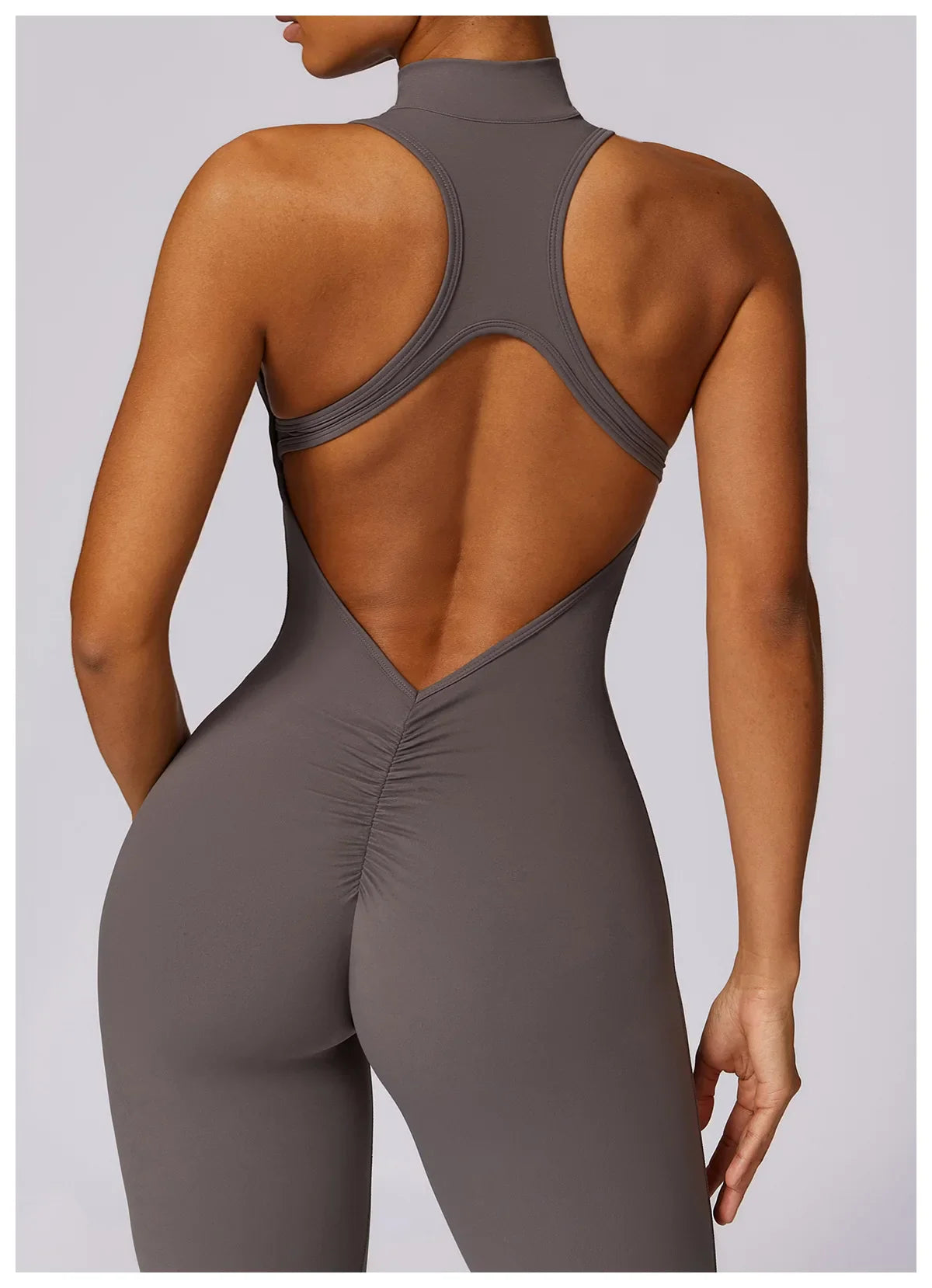 Women’s V-Back One-Piece Sports Jumpsuit — Sleeveless Yoga Romper with Zipper Workout Bodysuit