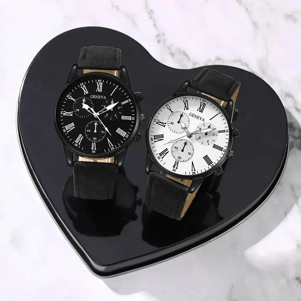 2PCS Set Couple Fashion Leather Watches – Simple Dial Quartz Wristwatches for Ladies & Men, Casual Dress Clocks