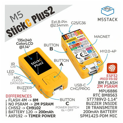 M5Stack M5StickC PLUS2 ESP32-PICO IoT Development Kit - WiFi, IR, 1.14-inch TFT Screen IoT Controller