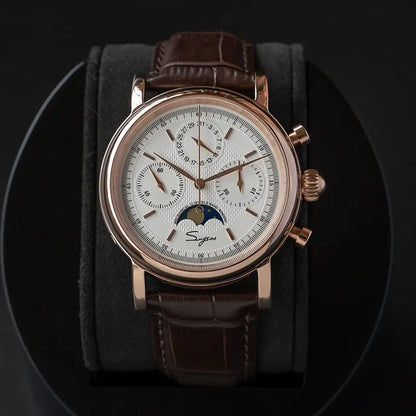 Sugess ST1908 Mechanical Chronograph Watch for Men – Swan Neck Movement, Moonphase Calendar, Vintage Leather Strap, 2023 Model
