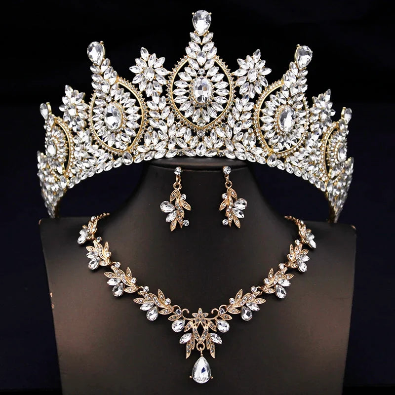 Rhinestone Bridal Tiara Jewelry Set - Wedding Crown with Necklace and Earrings for Women