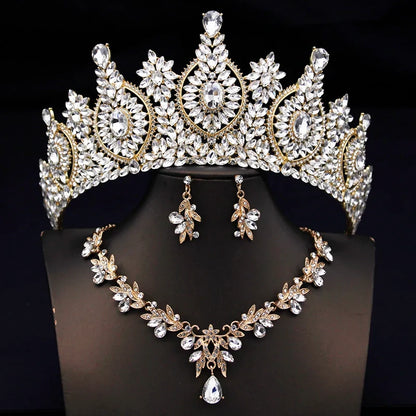 Rhinestone Bridal Tiara Jewelry Set - Wedding Crown with Necklace and Earrings for Women