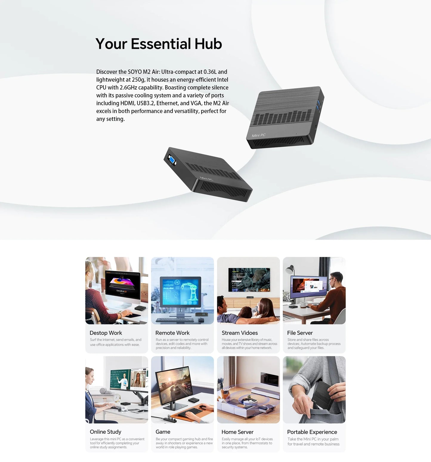 SOYO M2 Air Mini PC — Intel N4000, 6GB RAM, 128GB eMMC, Windows 11 Pro, Compact Desktop for Home, Business & Gaming