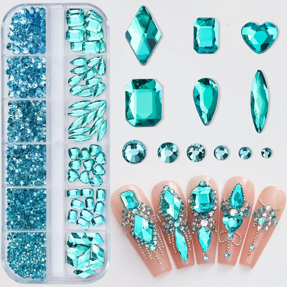 12-Grid Mixed Nail Rhinestones SS6-SS30 – Shiny Flat-Back Gems in Clear, Gold, Pink & Blue for Nail Art Decoration