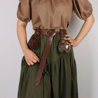 Medieval Elf Leaf Leather Belt Set – Glass Magic Bottle Case, Embossed Retro Leather Accessories for Halloween & Cosplay