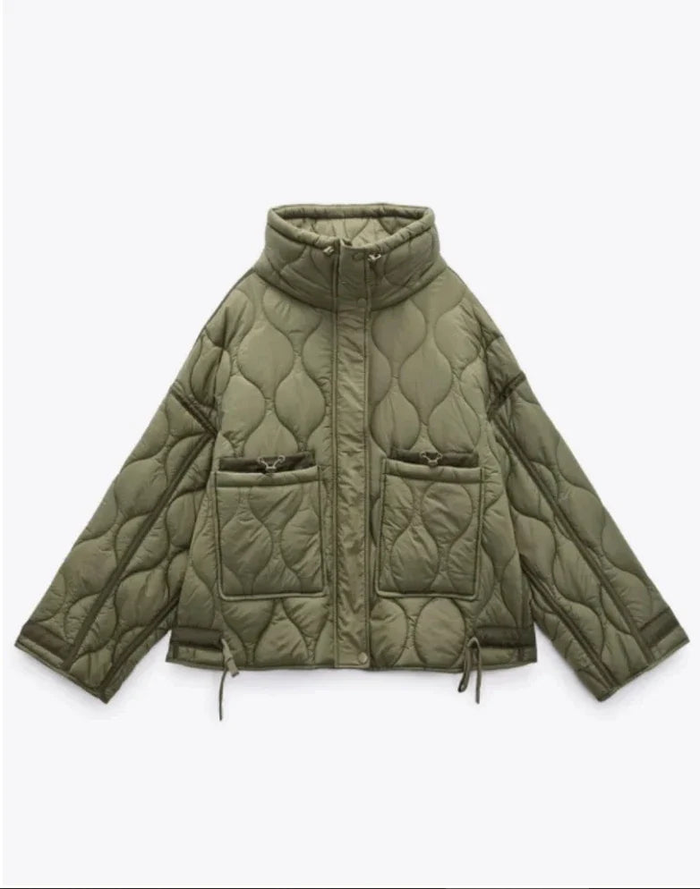 2024 ETJ Quilted Women's Coat – Beige Drawstring High Neck Jacket with Ties & Pockets