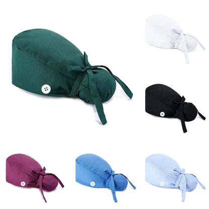 Adjustable Surgical Scrub Cap with Buttons – Ponytail Bouffant Nursing Turban Hat for Women & Men