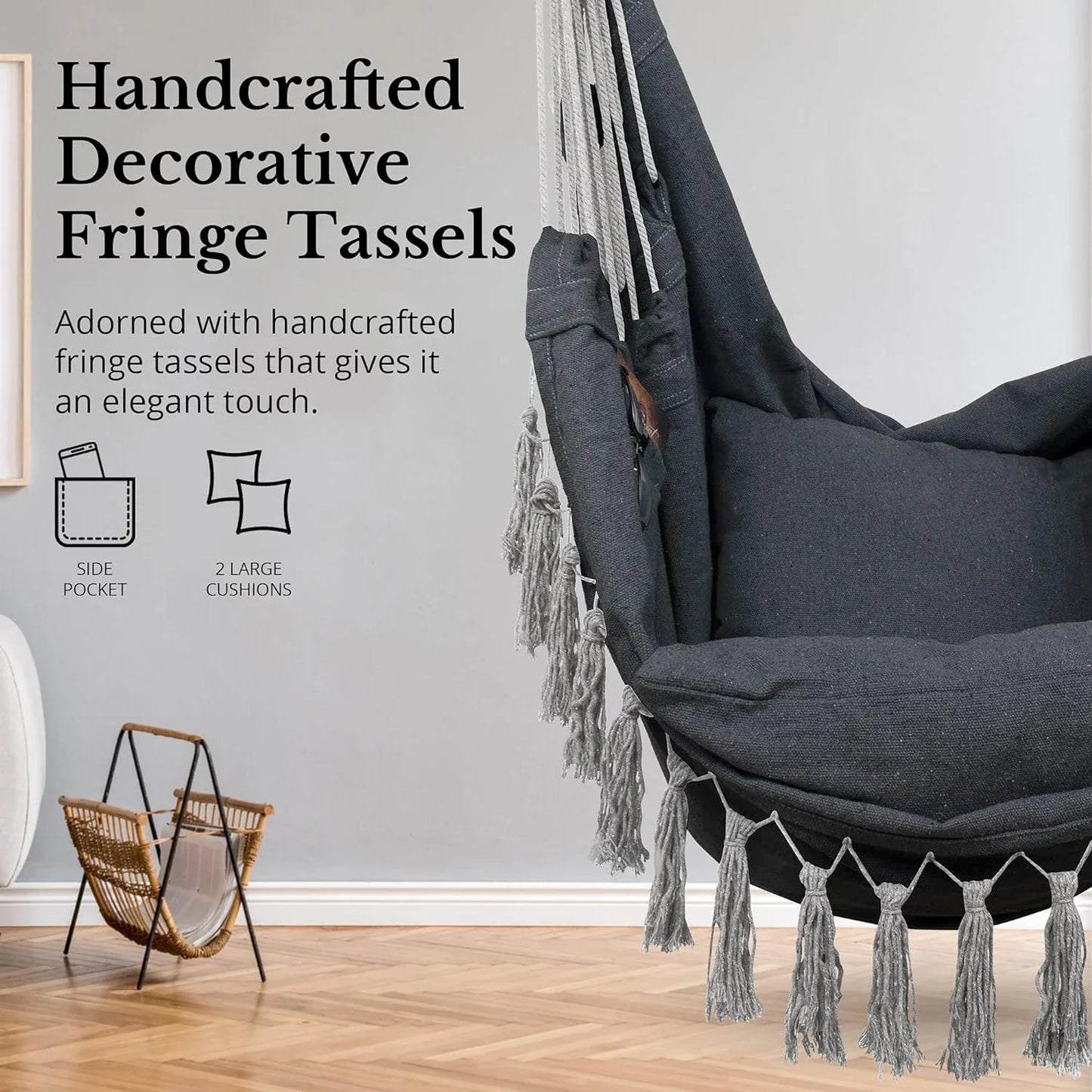 Macrame Hanging Chair with 2 Pillows – 500lb Cotton Rope Swing with Pocket Design for Indoor & Outdoor Use