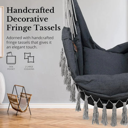Macrame Hanging Chair with 2 Pillows – 500lb Cotton Rope Swing with Pocket Design for Indoor & Outdoor Use