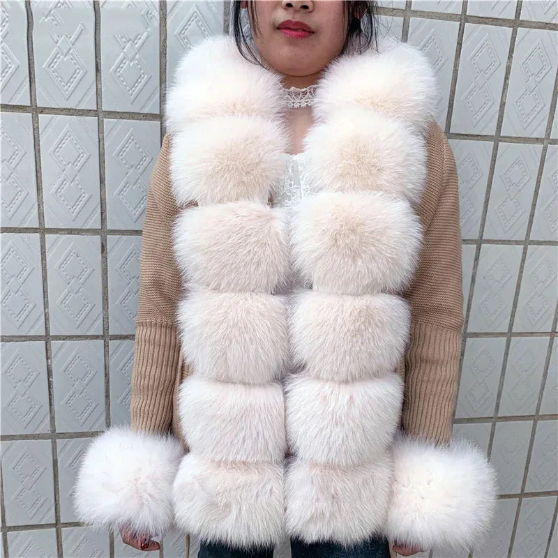 Women’s Spring & Autumn Sweater Cardigan – Real Fox Fur Collar Jacket, Natural Fur Outerwear