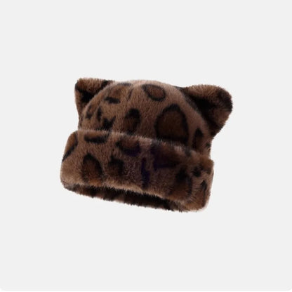 Leopard Print Plush Teddy Bear Hat – Sweet & Cute Women’s Hooded Beanie, Thick, Warm & Retro Style