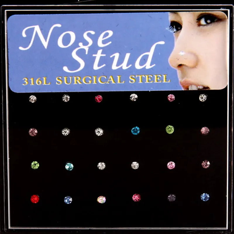 24pcs Crystal Nose Ring & Stud Set – Stainless Steel Surgical Nose Piercing Jewelry, Colorful Rhinestone for Women & Girls