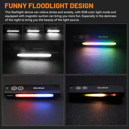 Wurkkos HD01 Multi-Function Rechargeable Flashlight – 1200LM Flat Torch with Green, White, RGB Side Light, IP65 Waterproof