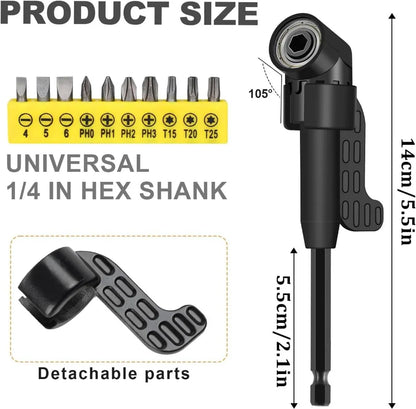 Flexible Drill Bit Extension & Right Angle Adapter Set – 105° Rotatable Hex Shank Screwdriver Bit Kit