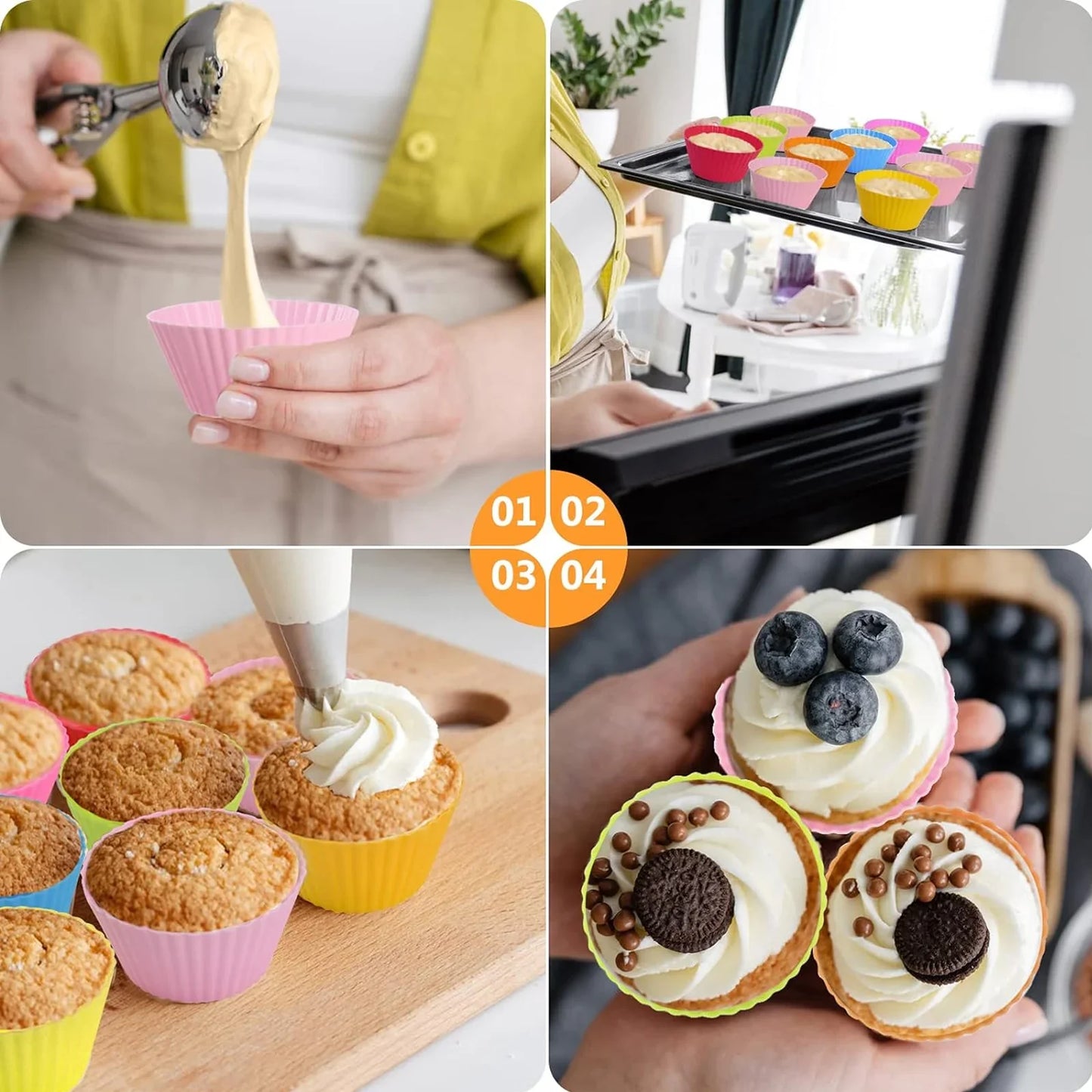 24Pcs Colorful Silicone Cupcake Liners - Reusable Baking Cups for Nonstick, Easy Clean Pastry Muffin Molds - 4 Shapes