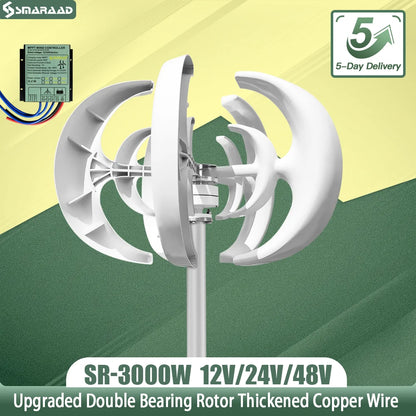 3000W Vertical Wind Turbine – 12V/24V/48V Small Windmill with 220V Output for Home & Farm, Includes MPPT Controller