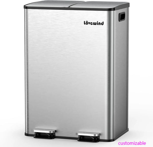 2 x 8 Gallon Stainless Steel Kitchen Trash & Recycling Bin – Dual Compartment with Soft-Close Lid