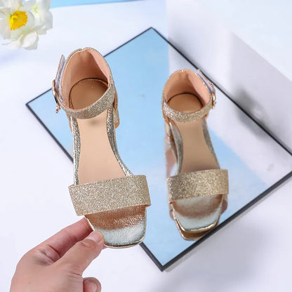 2025 Girls Princess Sandals - Silver Sequin Open-Toe High Heels for Children