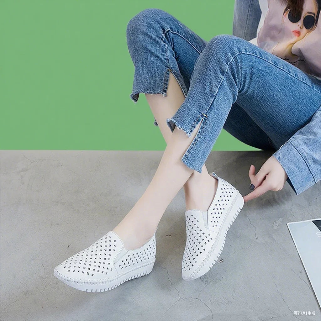 Women’s Genuine Leather Casual Flats - Hollow Lace-Up Loafers & Lightweight Boat Shoes