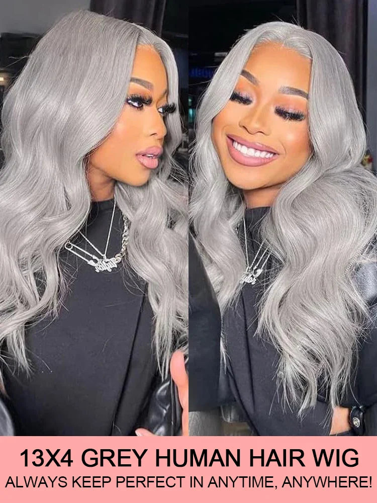 13x6 Silver Grey Body Wave Lace Front Wig – 100% Human Hair, Preplucked 13x4 Lace Frontal Brazilian Wig, 36 Inch