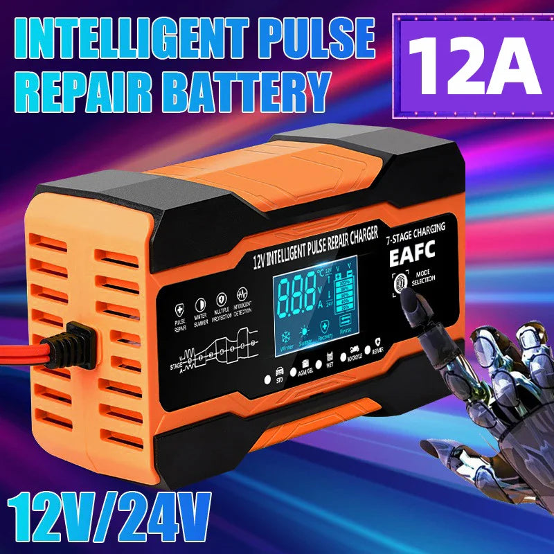12V/24V Smart Battery Charger — 10A/12A Fast Charger with 7-Stage Pulse Repair for AGM, GEL, WET Lead-Acid Car Batteries