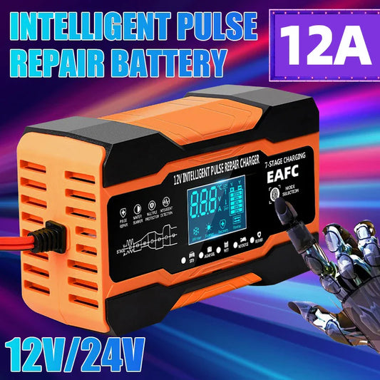12V/24V Smart Battery Charger — 10A/12A Fast Charger with 7-Stage Pulse Repair for AGM, GEL, WET Lead-Acid Car Batteries