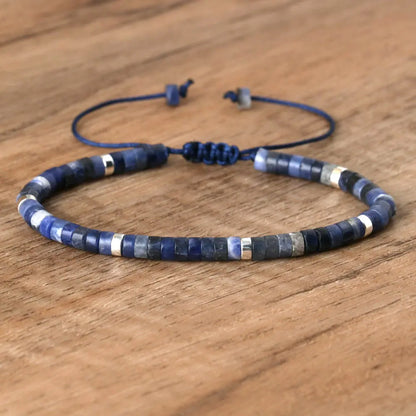 Natural Blue Emperor Stone Beaded Bracelet – Polished Block Beads, Adjustable Woven Rope Women’s Gift Jewelry