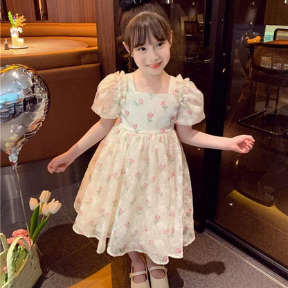 Girls Floral Rose Princess Dress - Lace Tiered Bow Back Pearl Accent Party Dress