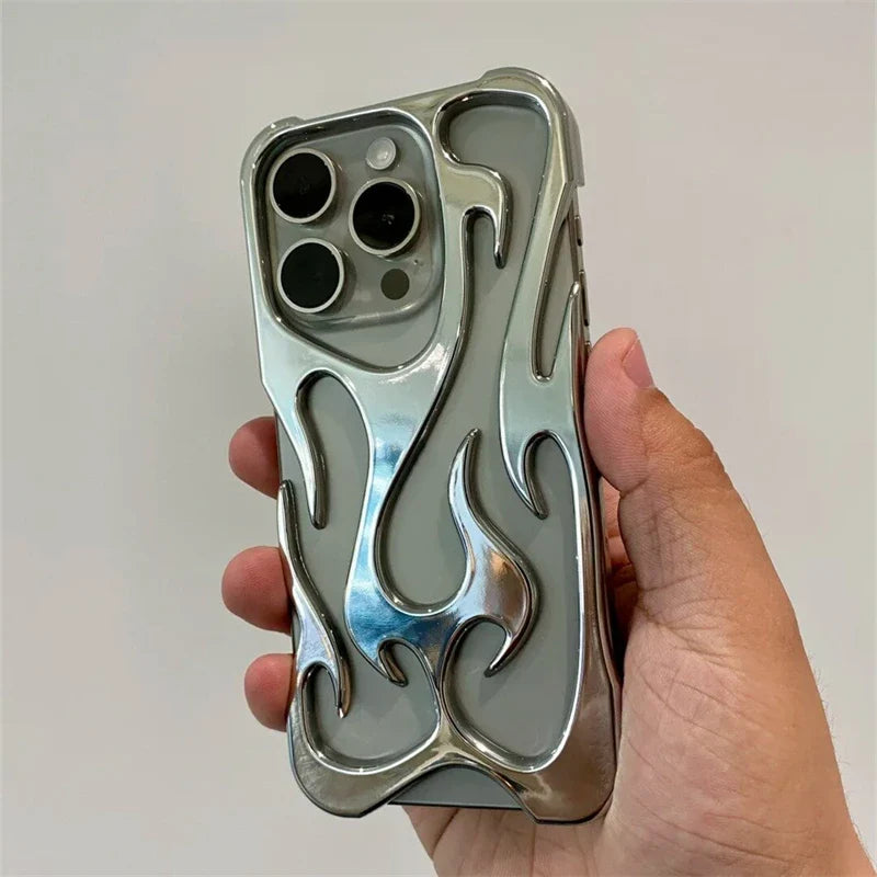 Fashion Hollowed Fire Flame Phone Case | Silver Electroplated Soft Cover for iPhone 15, 14, 13, 12, 11 Pro Max Plus | Cool Gift for Boys and Girls