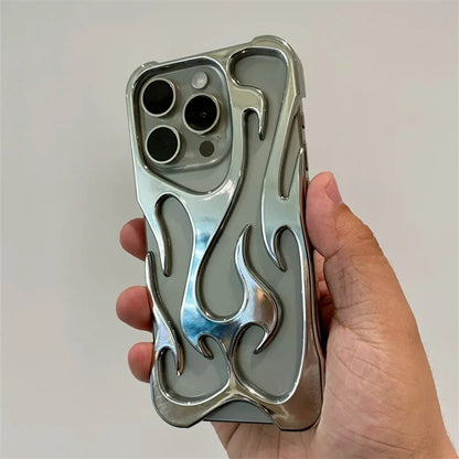 Fashion Hollowed Fire Flame Phone Case | Silver Electroplated Soft Cover for iPhone 15, 14, 13, 12, 11 Pro Max Plus | Cool Gift for Boys and Girls