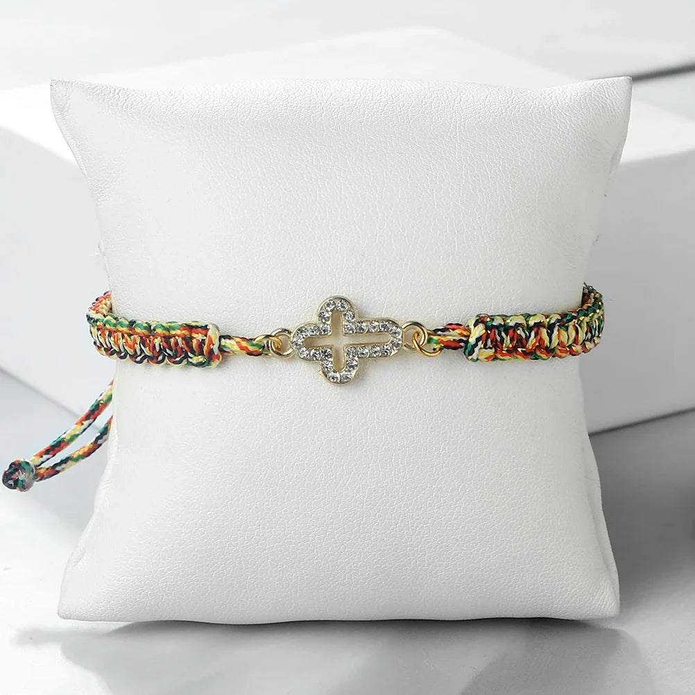 Crystal Hollow Cross Bracelet - Braided Prayer Healing Bangle Jewelry Gift for Women & Yoga Lovers