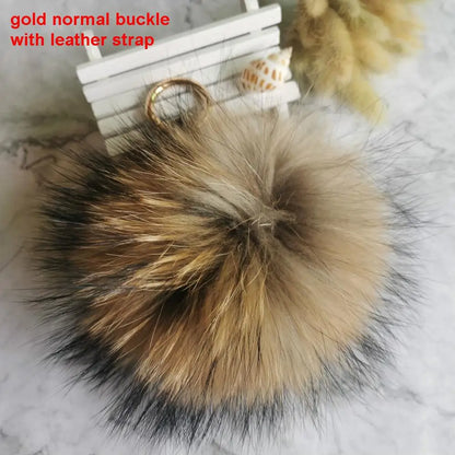 Luxury 15cm Fluffy Real Raccoon Fur Pom Pom Keychain – High-Quality Metal Ring Pendant for Women