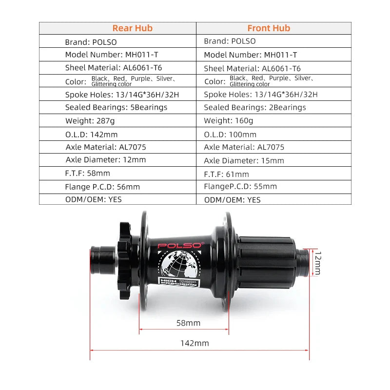 POLSO MH011 MTB Bike Hub – 32H/36H Mountain Hub for 8-12 Speed, 100x15mm & 142x12mm Disc Brake Bicycle