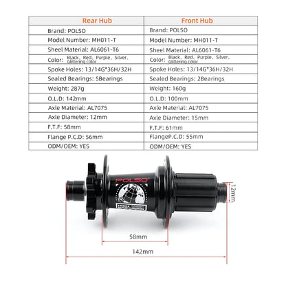 POLSO MH011 MTB Bike Hub – 32H/36H Mountain Hub for 8-12 Speed, 100x15mm & 142x12mm Disc Brake Bicycle