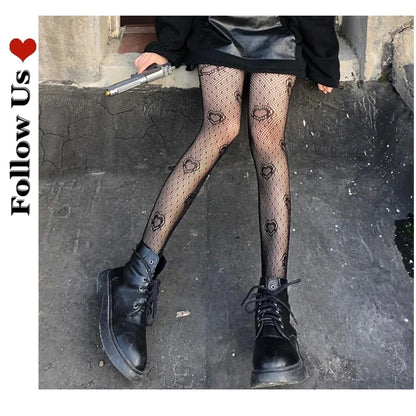 Women’s Gothic Bat Fishnet Stockings - Harajuku Emo Mesh Thigh High Tights with Sexy Alternative Lingerie Style