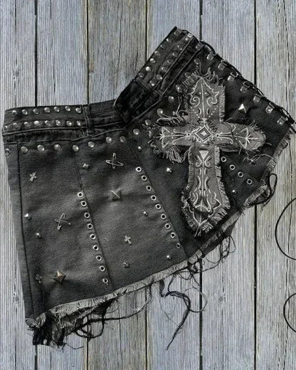 Gothic Y2K Black Denim Shorts — Women's High Waist Slim Fit Baggy Shorts with Buddha Embroidery