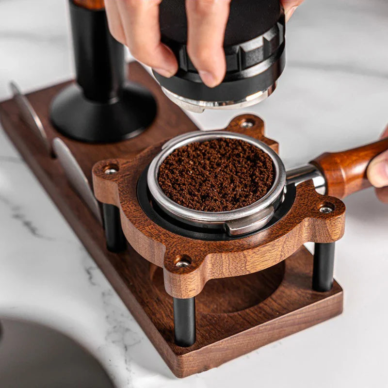 51/53/54/58mm Wood Coffee Tamper Station – Portafilter & Filter Screen Holder Stand for Espresso Barista Tools