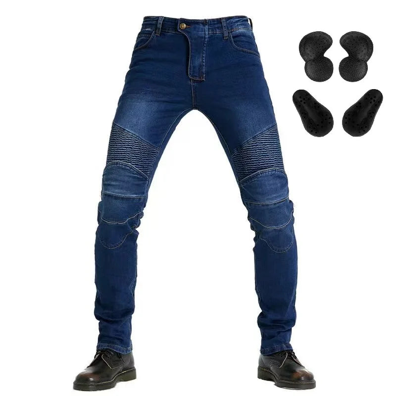 Men's Embroidery Motorcycle Jeans – Protective Gear with Belt, Motocross Pants for Driver License Test & Riding