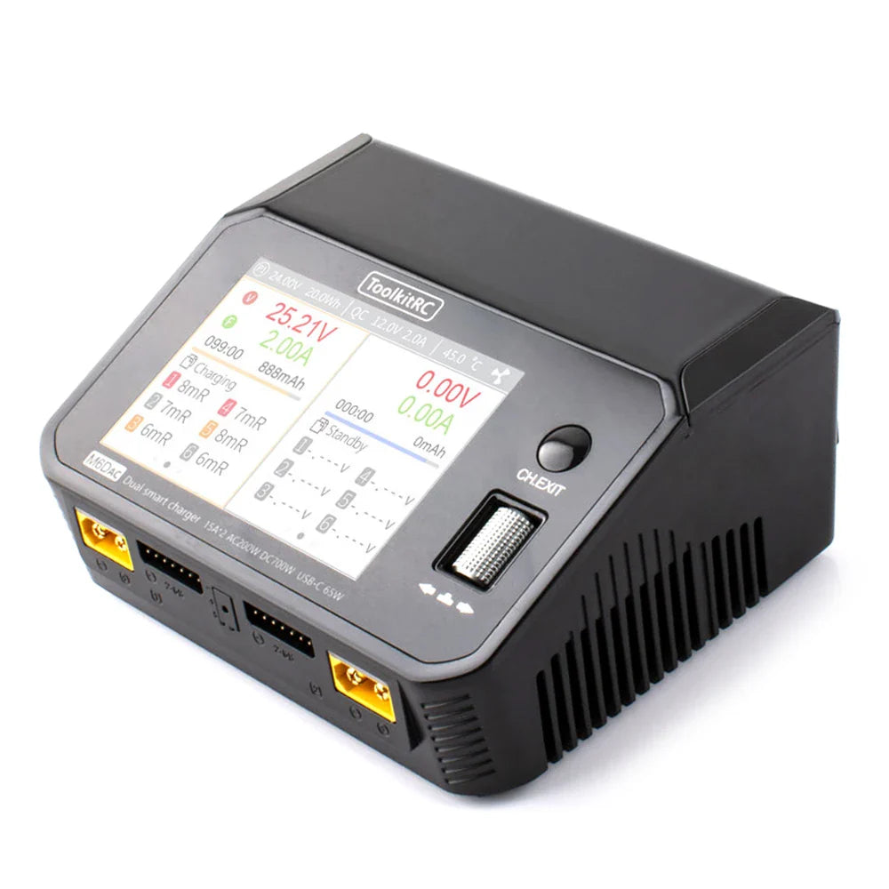 NEW ToolkitRC M6DAC Dual Channel Smart LiPo Battery Charger – 200W AC, 350W DC, 15A for 1-6S LiHV with 65W PD