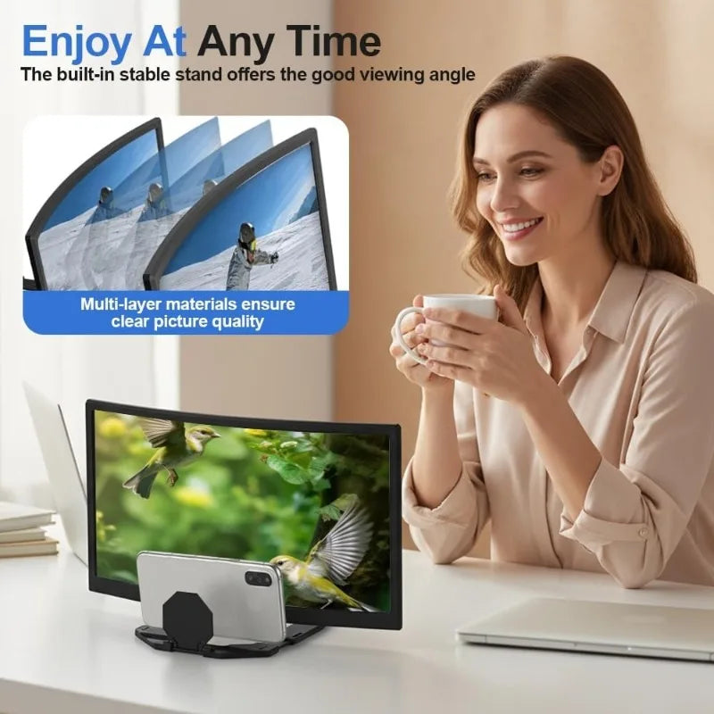 12 Inch 3D Phone Screen Magnifier Stand – Ultra HD with Anti-Glare & Blue Light Filter, Portable Personal Cinema for Movies
